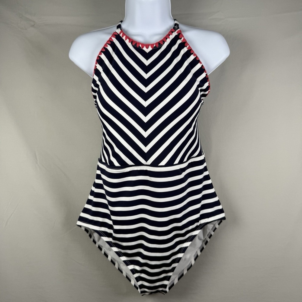NWT Tommy Bahama Breton Stripe High Neck One-Piece Swimsuit Navy/White Womens 14